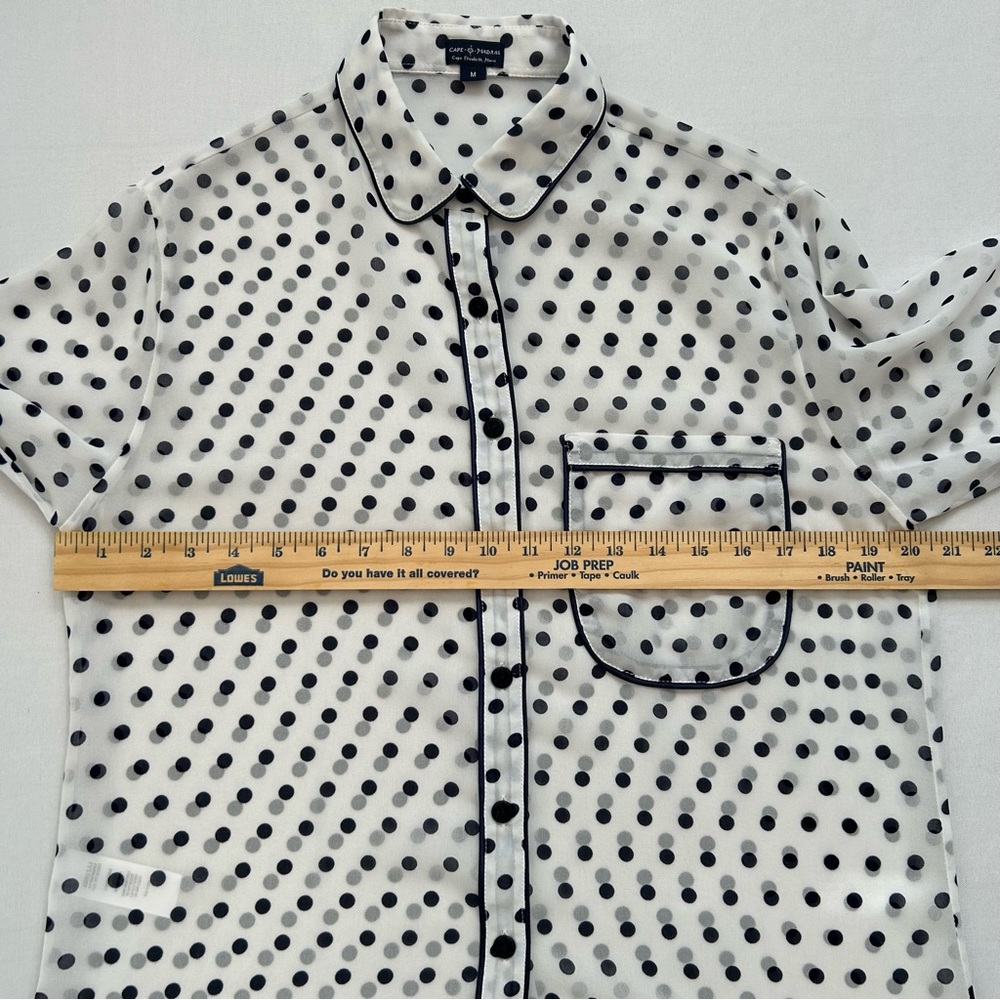 Cape Madras Sheer Polka Dot Button Up Blouse White Navy Blue Medium - Picture 4 of 10